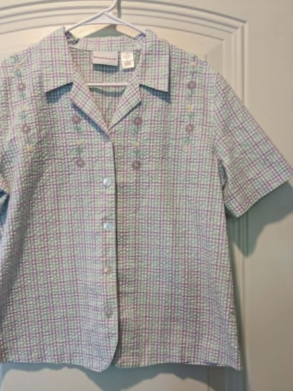 Alfred Dunner Green Purple White Plaid Embroidered Button Up Shirt - 12 - EUC